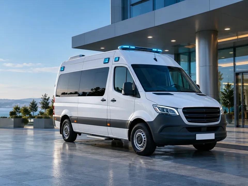 Hastane önünde bekleyen beyaz, markasız özel ambulans
